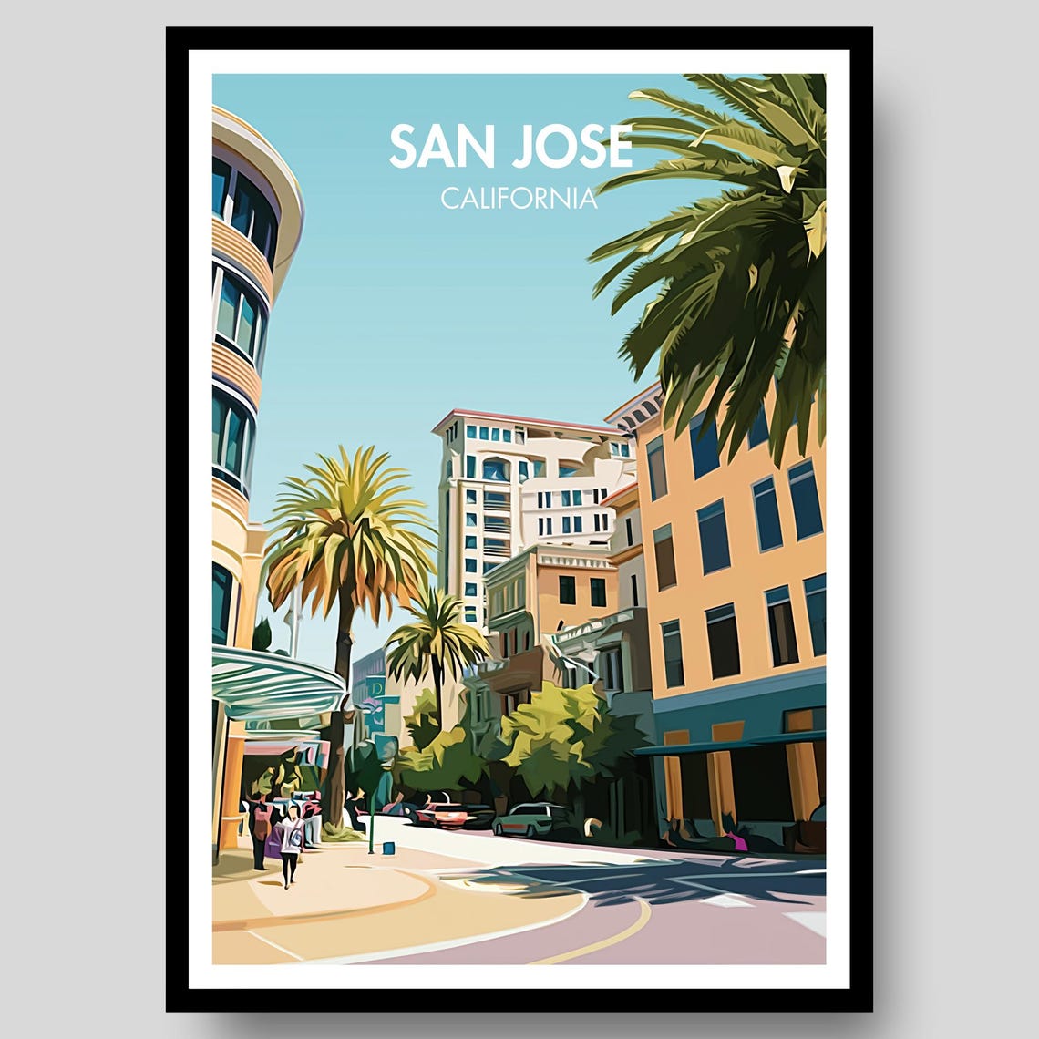 San Jose California Palm Lined Downtown Street View Poster Art