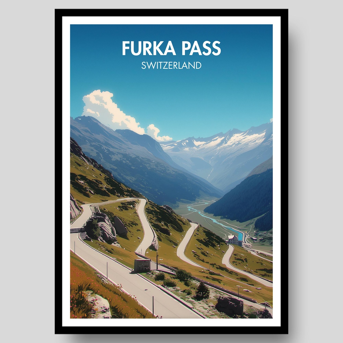 Furka Pass Switzerland Mountain Road Blue Sky Vintage Travel Poster