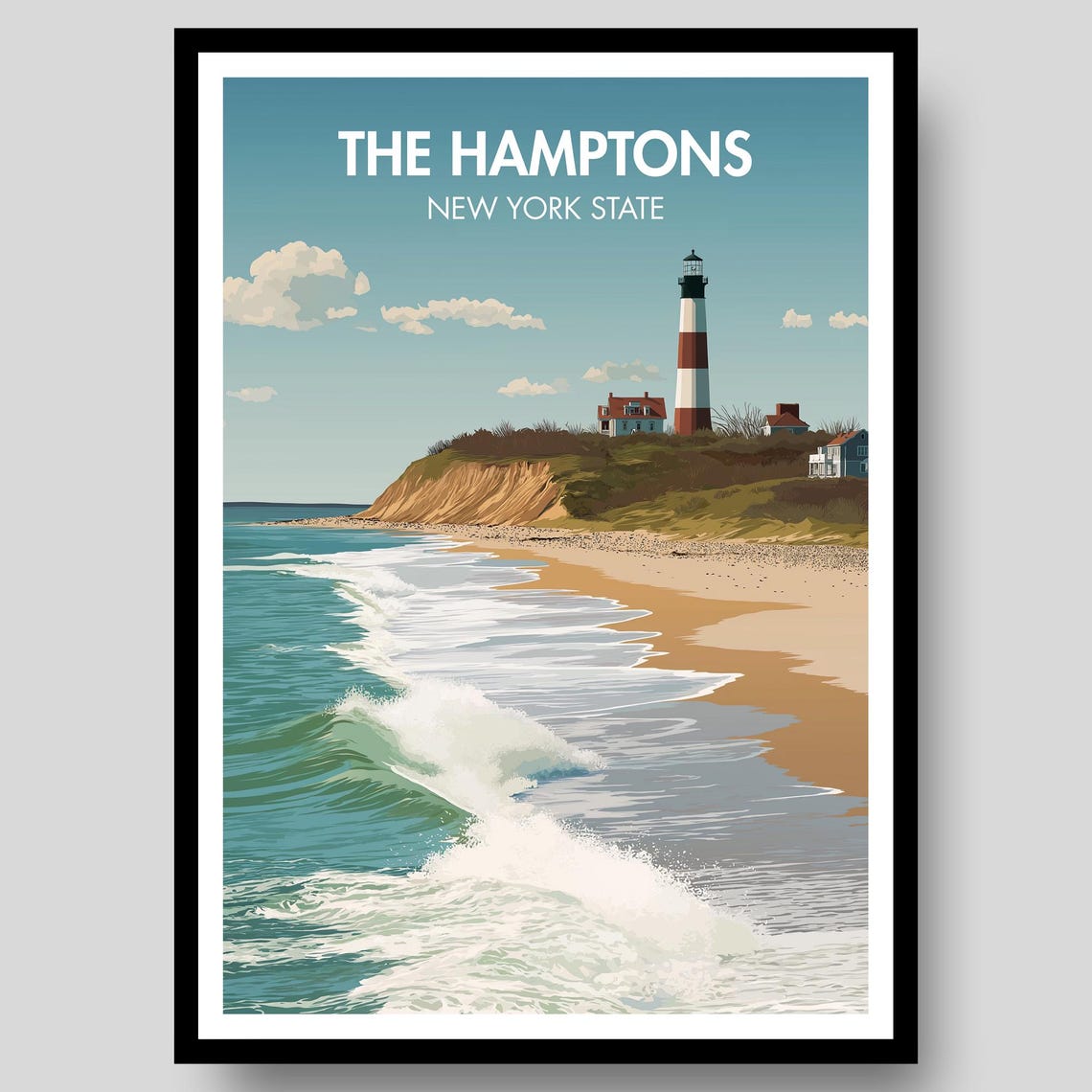 The Hamptons New York State Cliff Lighthouse Beach Waves Poster