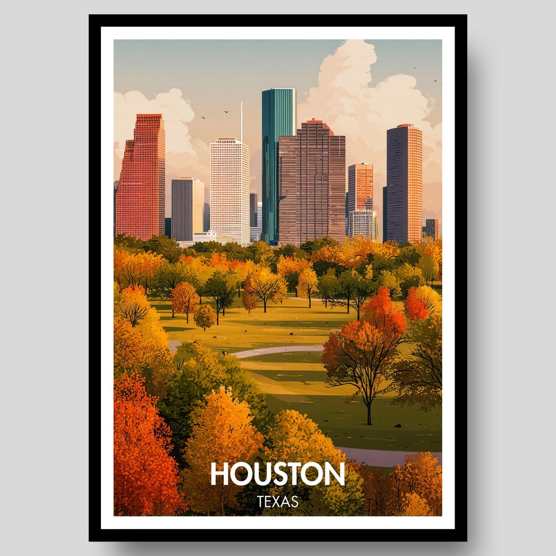 Houston Texas City Skyline Fall Trees Sunset Retro Travel Poster