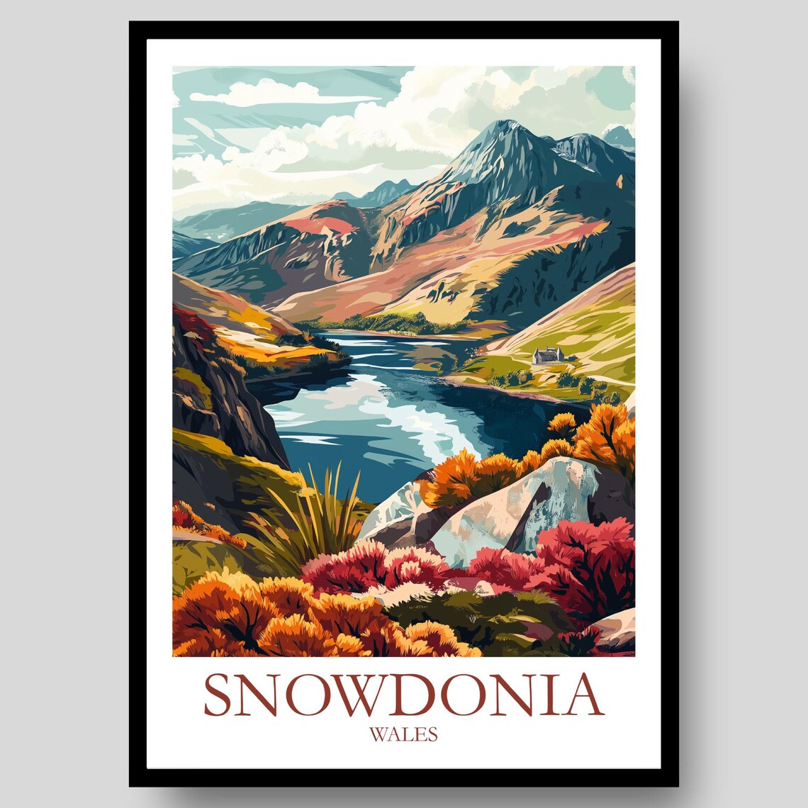 Snowdonia Wales Mountain Lake Autumn Heather Landscape Travel Poster