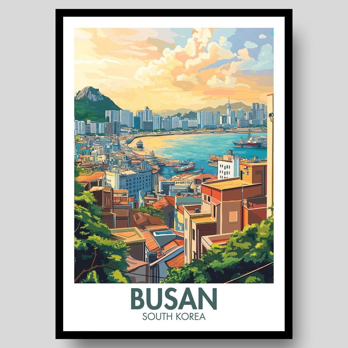 Busan South Korea Harbor Skyline Sunset Coastal City Travel Poster