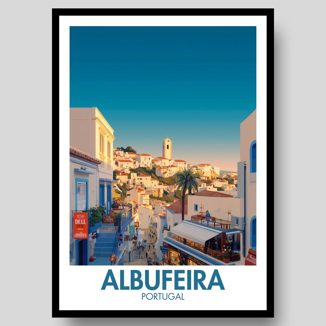Albufeira Portugal Sunset Street Scene Whitewashed Old Town Poster