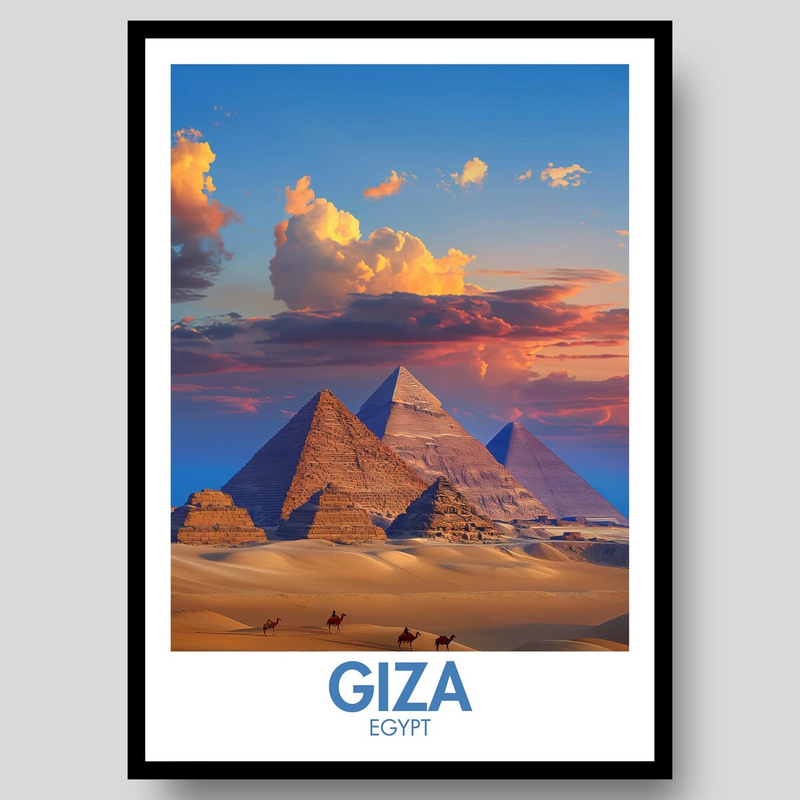 Giza Pyramids Egypt Camel Caravan Sunset Desert Travel Poster