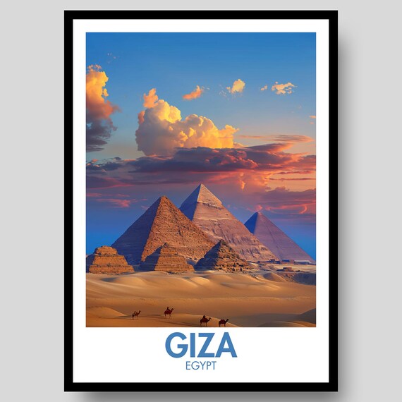 Giza Pyramids Egypt Camel Caravan Sunset Desert Travel Poster