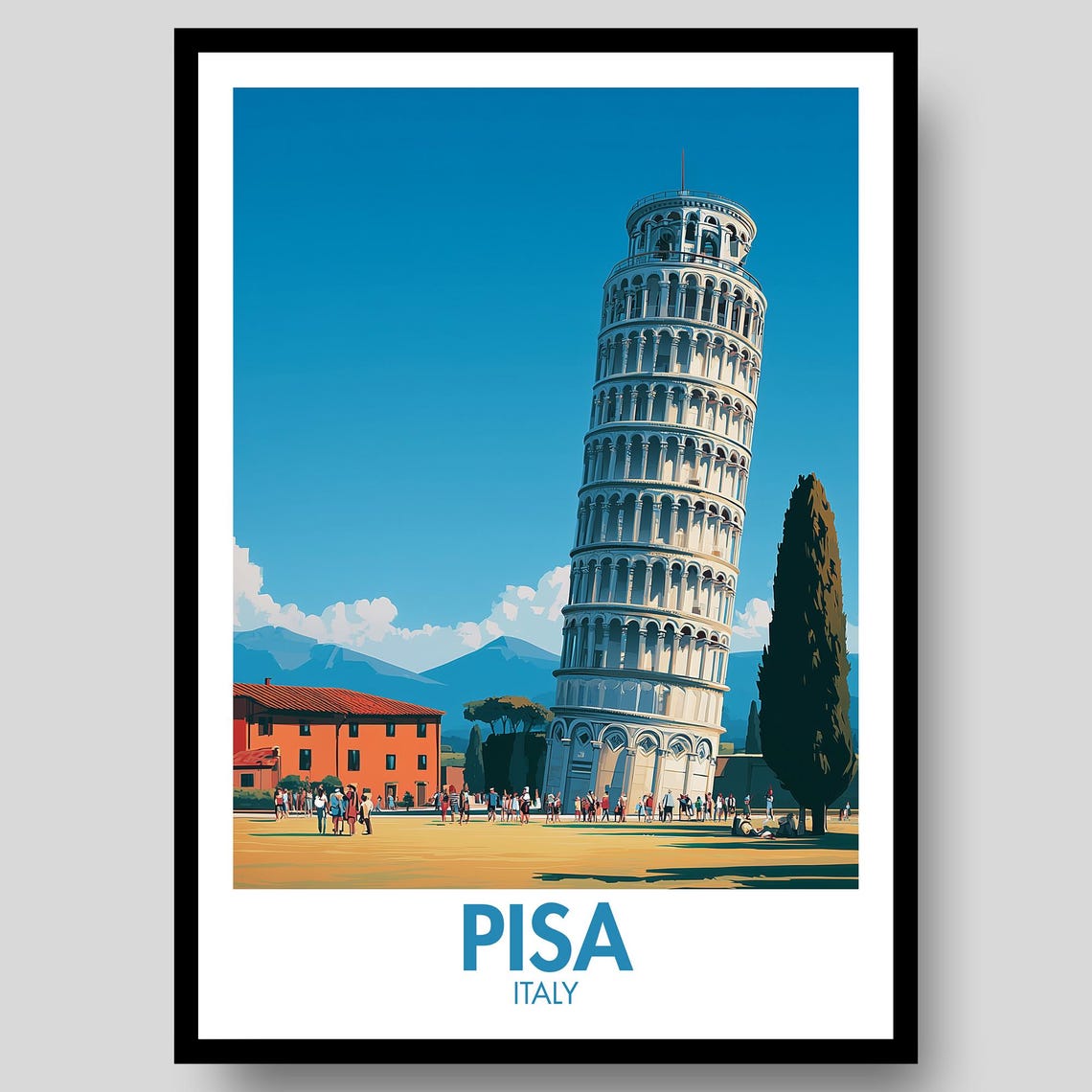 Pisa Italy Leaning Tower Blue Sky Piazza Italian Travel Poster