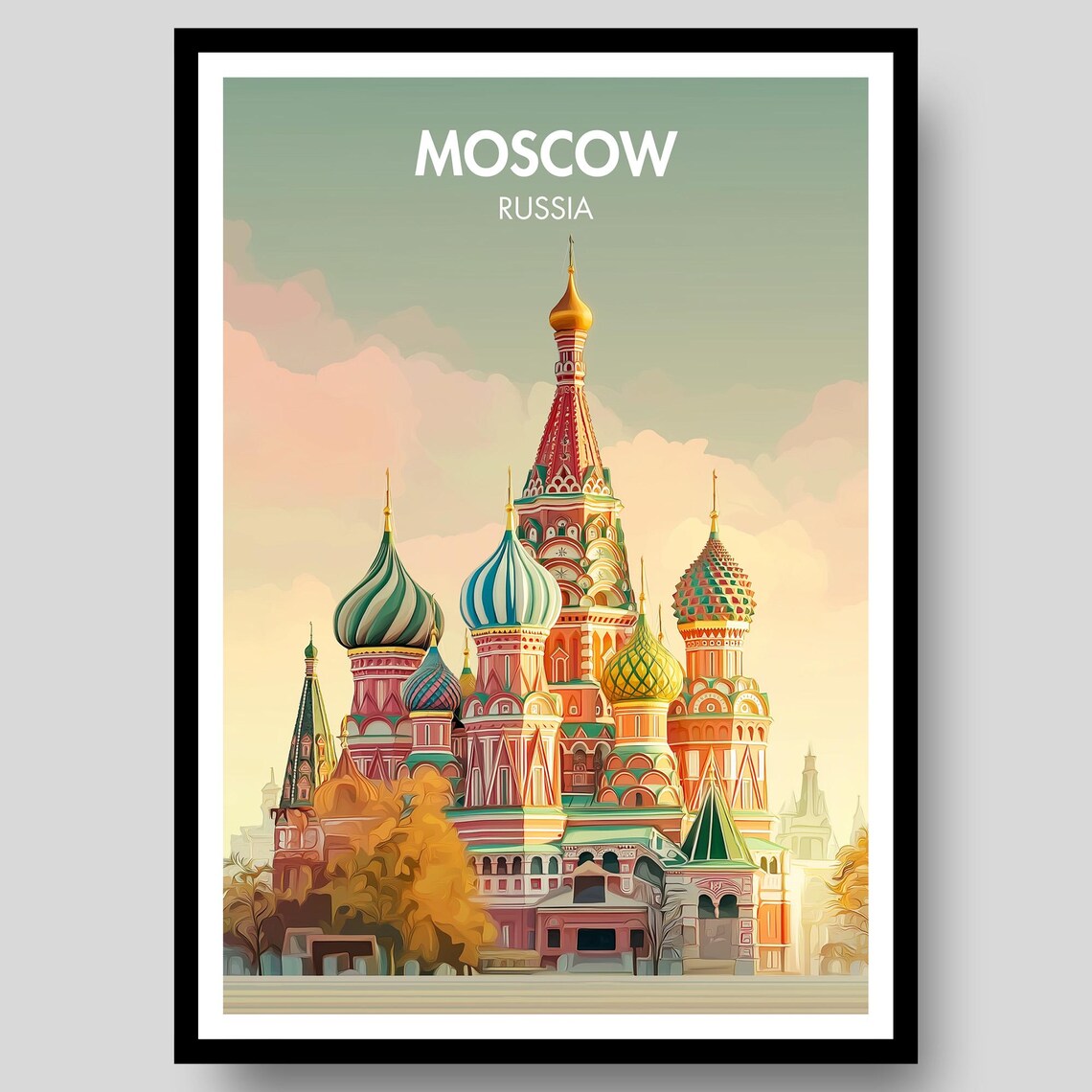Moscow Russia St Basils Cathedral Pastel Skyline Onion Dome Art Poster