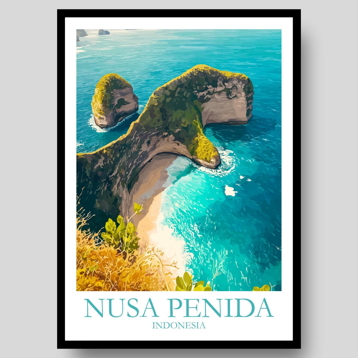 Nusa Penida Indonesia Kelingking Cliff Cove Turquoise Travel Poster