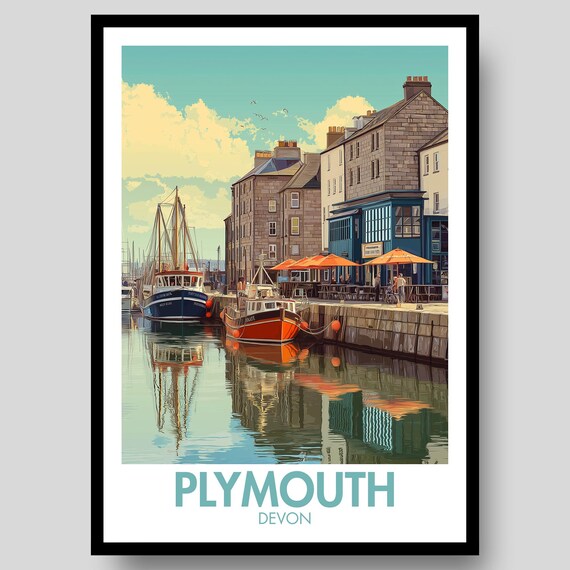 Plymouth Devon Harbor Fishing Boats Retro Waterfront Travel Poster