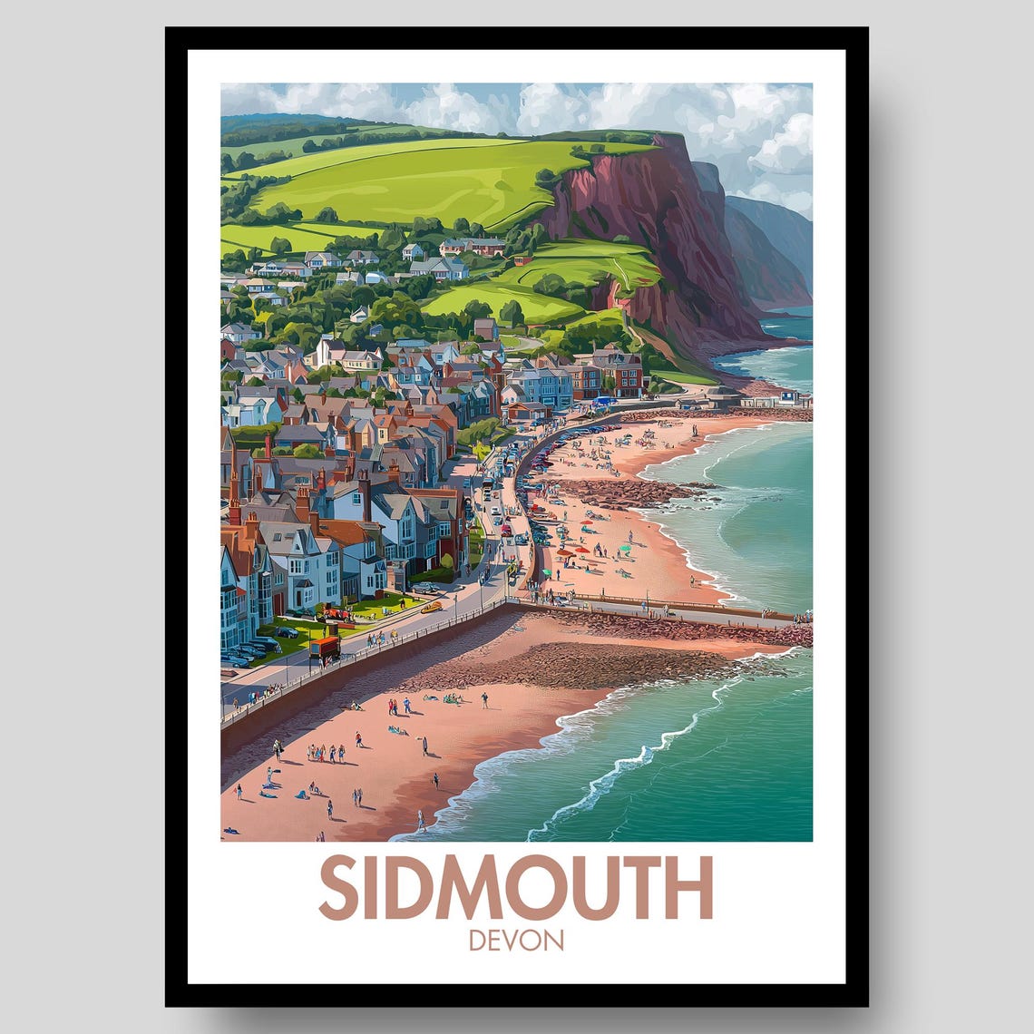 Sidmouth Devon Red Cliffs Beach Town Retro Coastal Travel Poster
