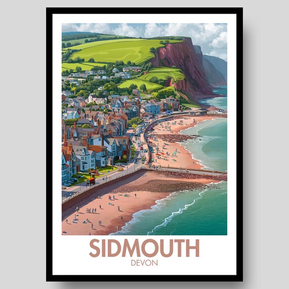 Sidmouth Devon Red Cliffs Beach Town Retro Coastal Travel Poster