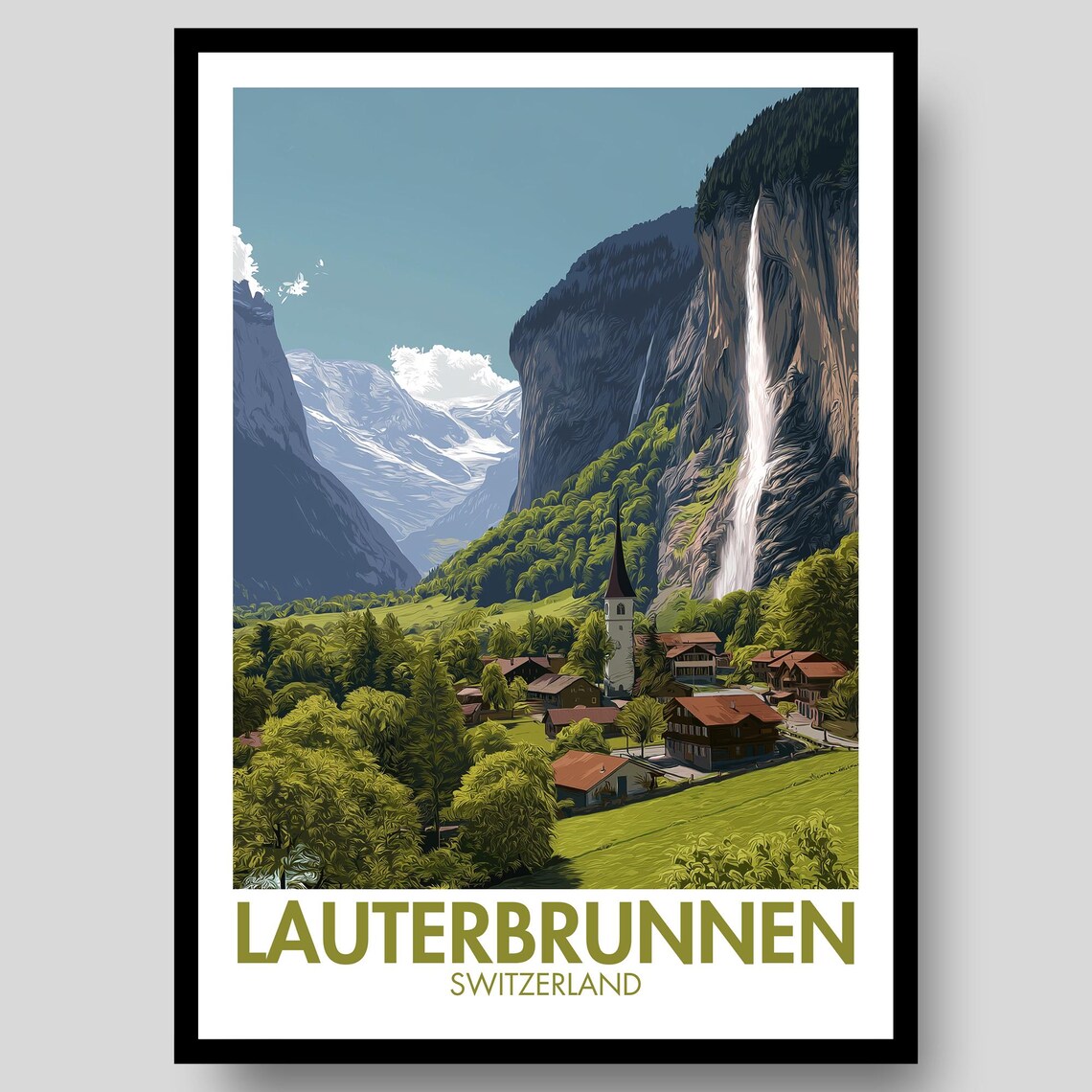 Lauterbrunnen Switzerland Waterfall Village Meadow Travel Art Poster