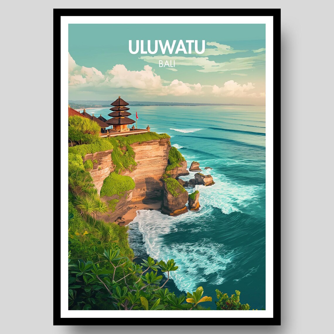 Uluwatu Poster, Bali Surf Temple Travel Print
