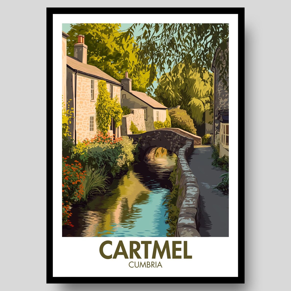 Cartmel Cumbria Stone Bridge Village Stream Vintage Travel Poster