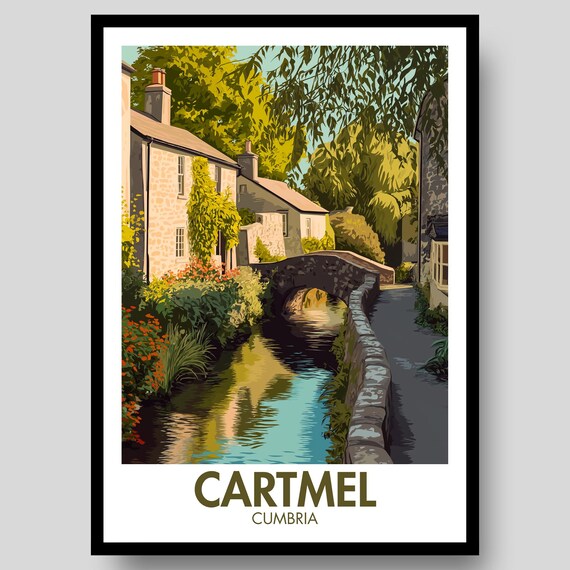 Cartmel Cumbria Stone Bridge Village Stream Vintage Travel Poster