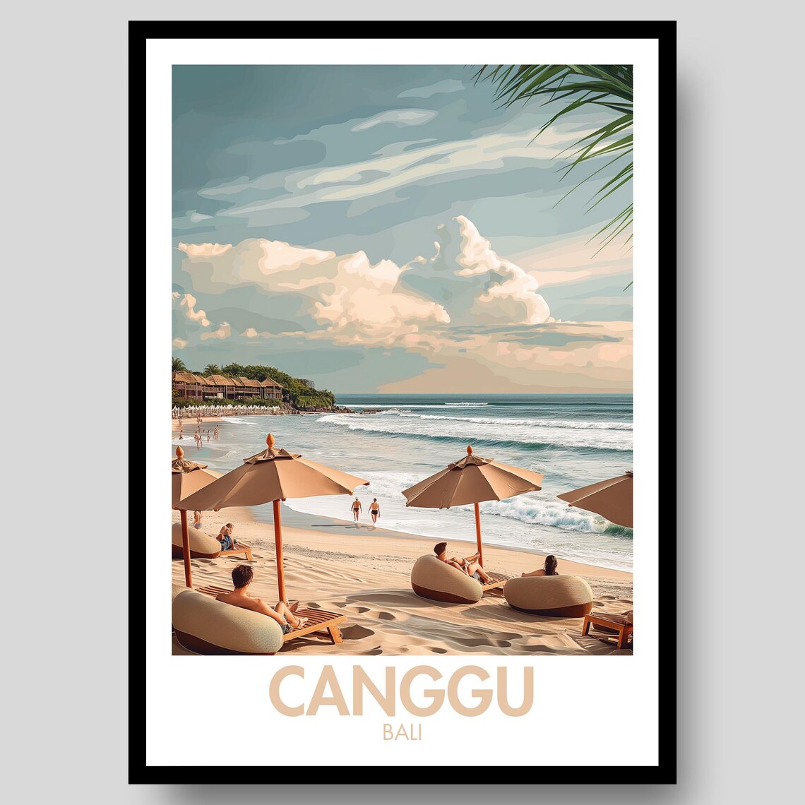 Canggu Bali Beach Umbrellas Coastal Surf Scene Travel Art Poster