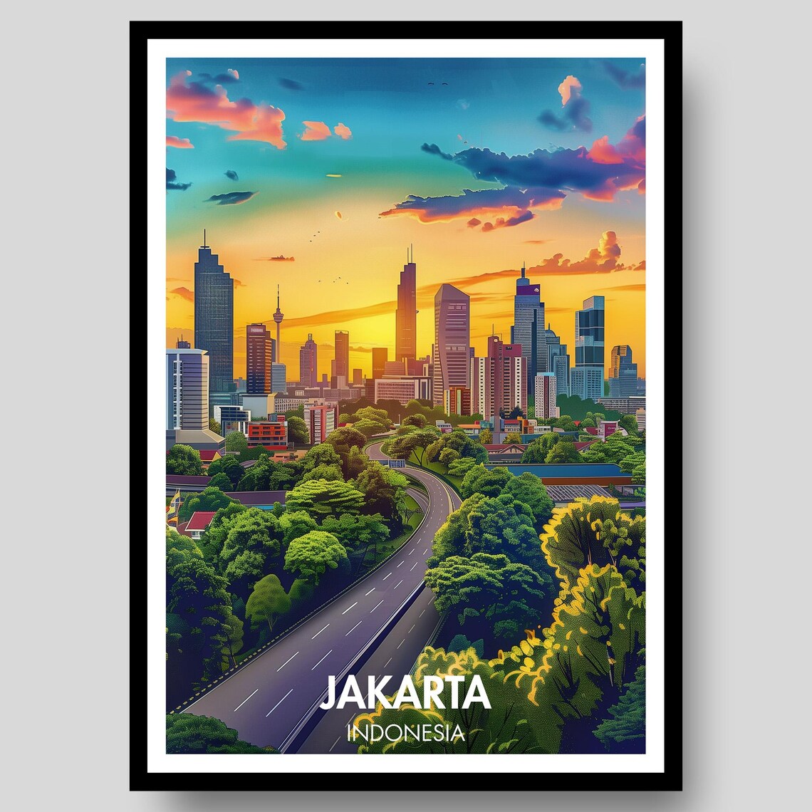 Jakarta Indonesia Colorful Sunset Skyline Over Highway Poster