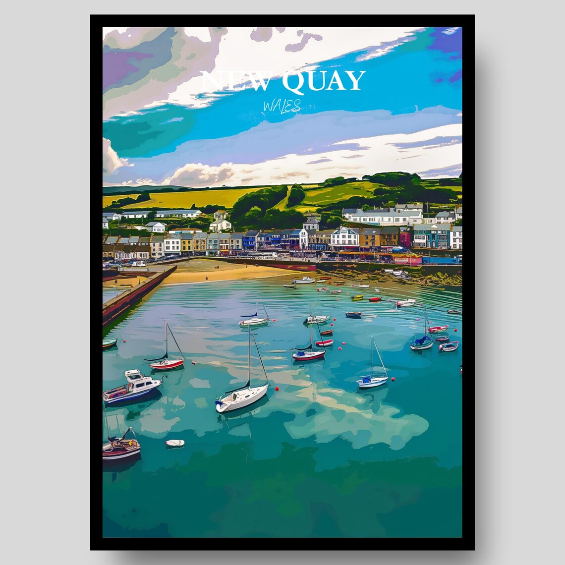 New Quay Wales Colorful Harbor Sailboats Seaside Town Travel Poster