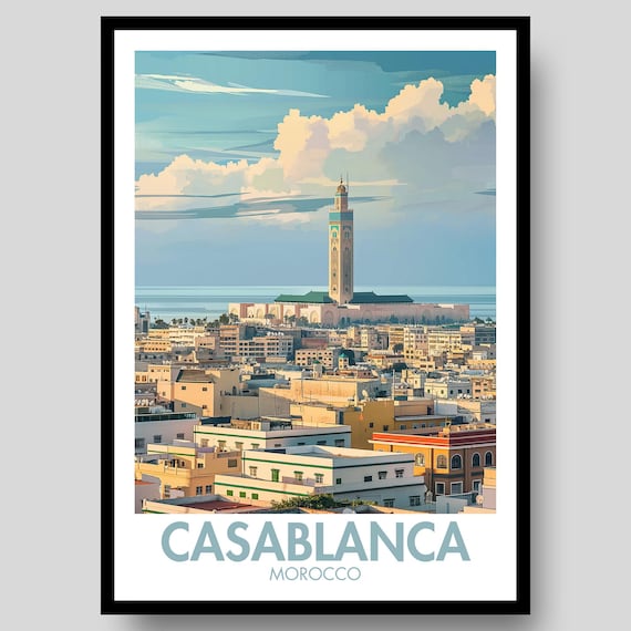 Casablanca Morocco Hassan II Mosque City Skyline Travel Poster
