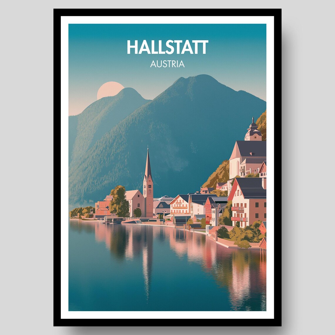 Hallstatt Austria Sunset Lake Reflection Calm Church Town Poster