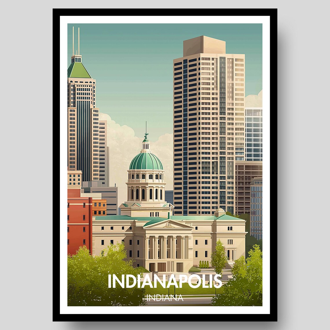 Indianapolis Indiana City Skyline Capitol Retro Travel Poster