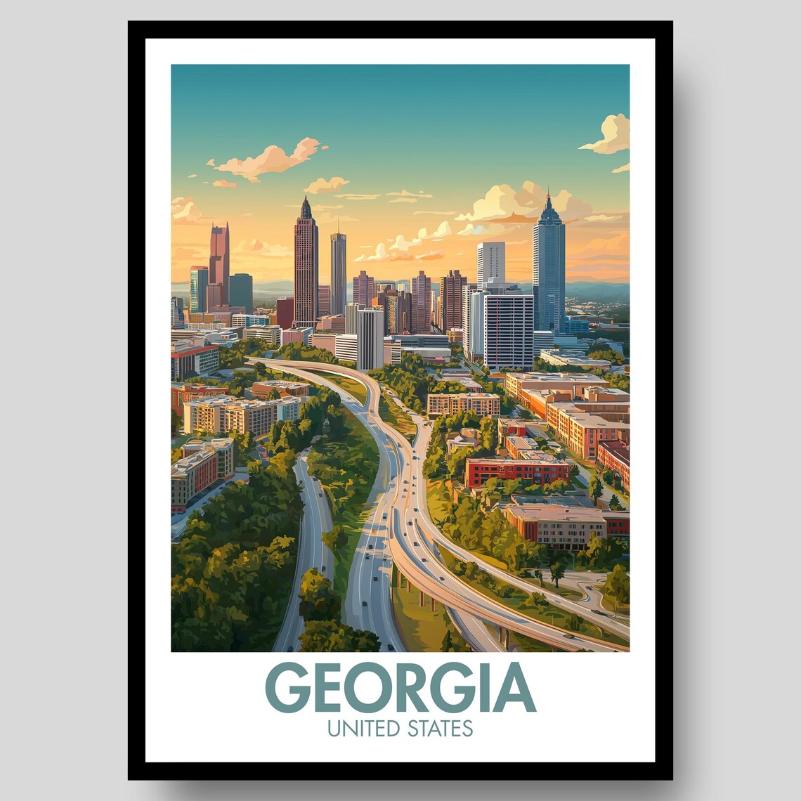 Georgia United States Atlanta Skyline Highway Sunset Travel Poster