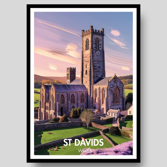 St Davids Wales Cathedral Idyllic Green Meadow Sunset Travel Poster