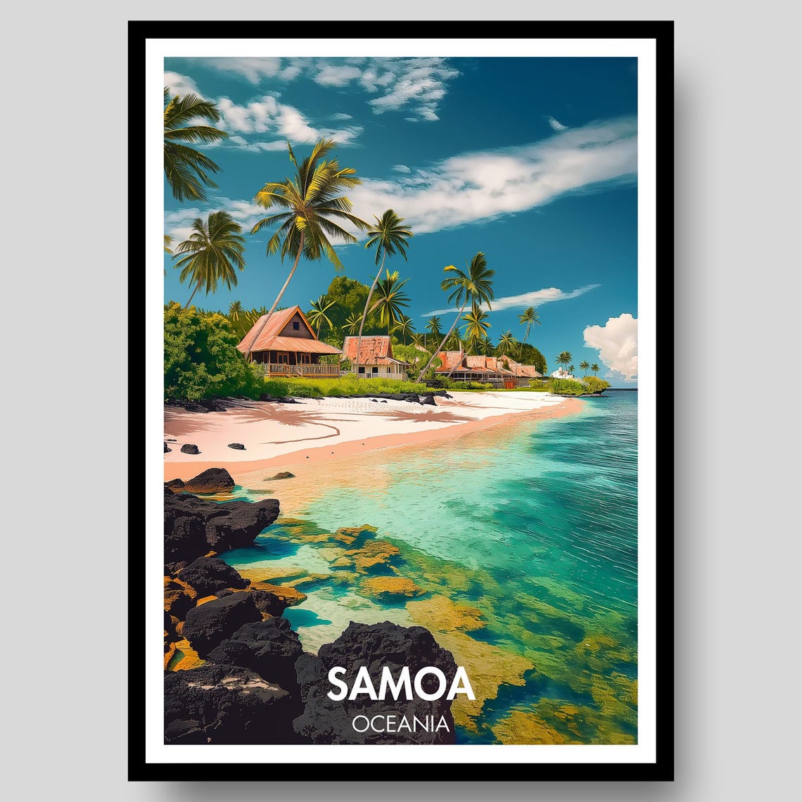 Samoa Oceania Tropical Beach Palm Trees Coral Reef Travel Poster