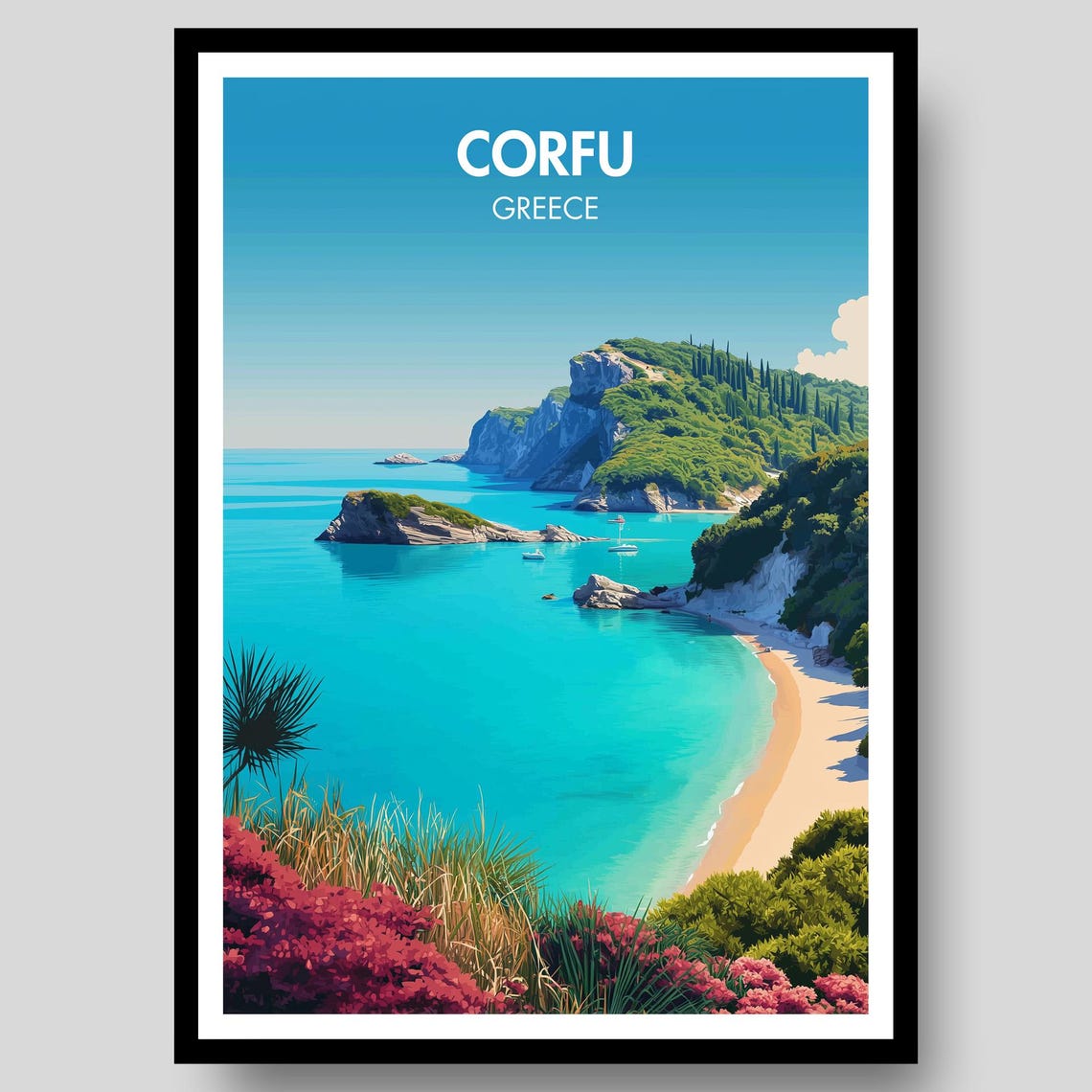 Corfu Greece Turquoise Bay Sandy Beach Cliffs Travel Wall Poster