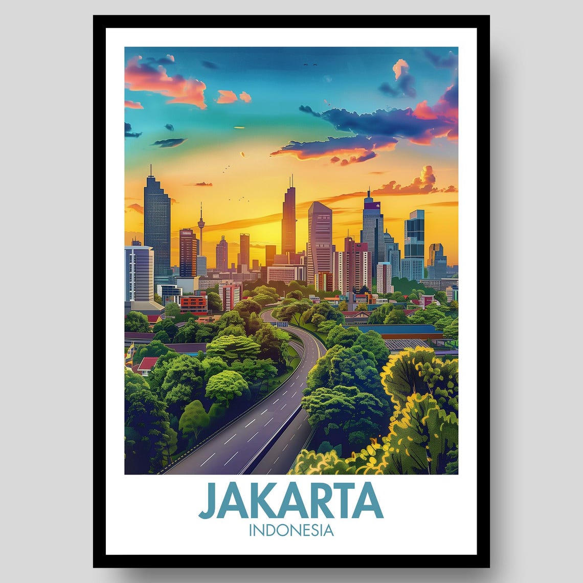 Jakarta Indonesia Skyline At Sunset With Highway Travel Poster