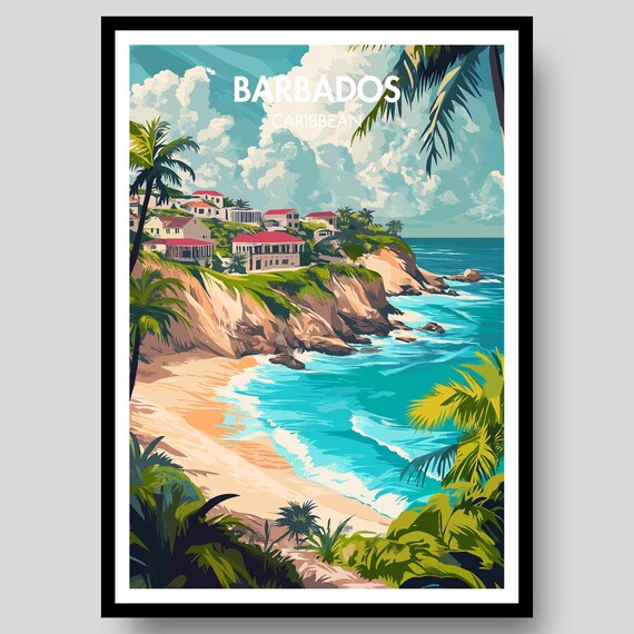 Barbados Caribbean Cliffs Beach Houses Vintage Travel Poster