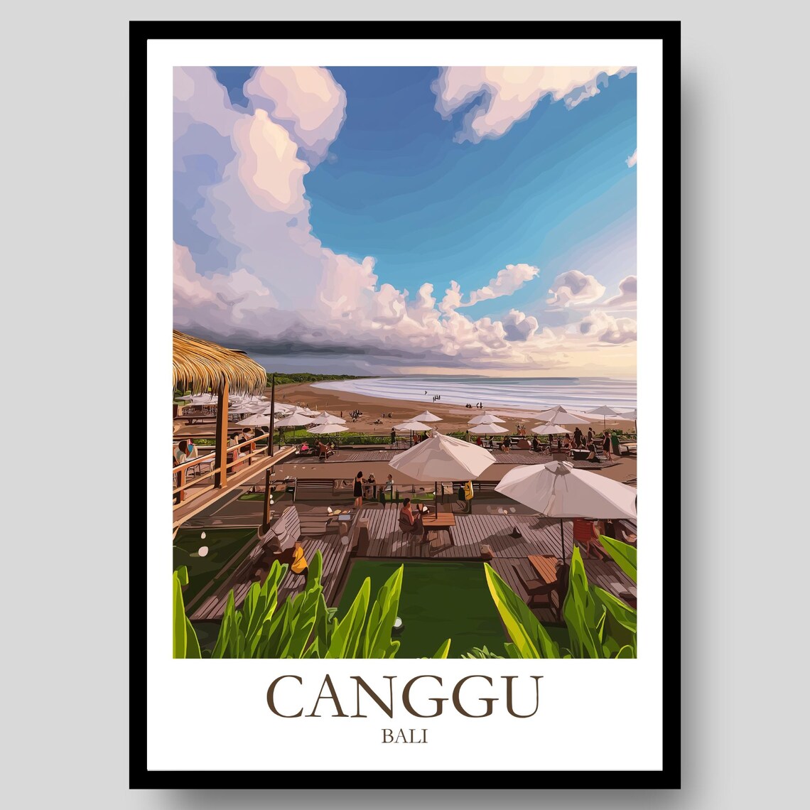 Canggu Bali Beach Club Umbrellas Sunset Deck Travel Art Poster