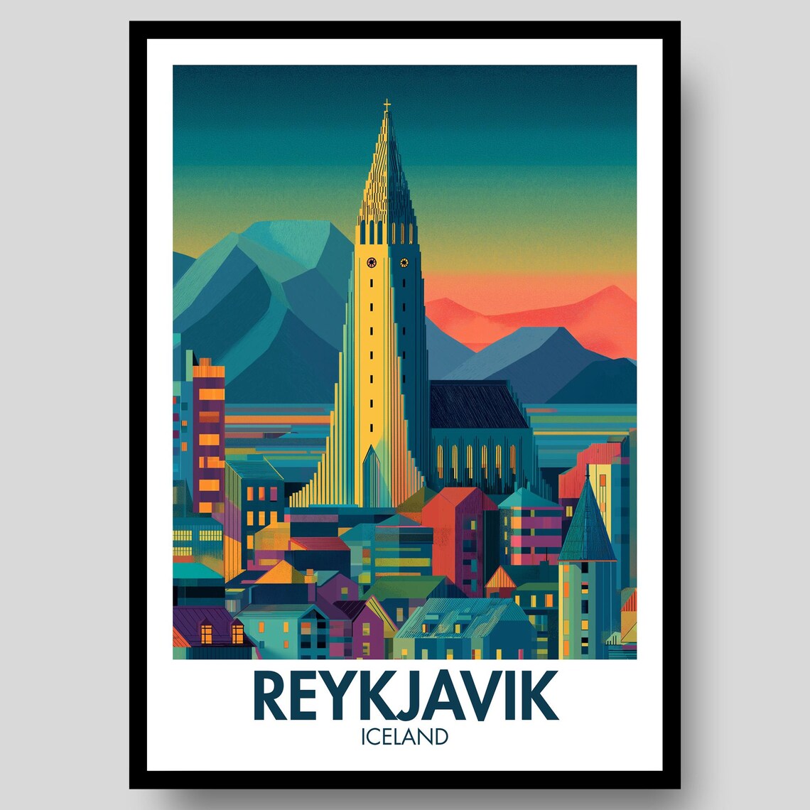 Reykjavik Iceland Hallgrimskirkja Church Colorful City Travel Poster