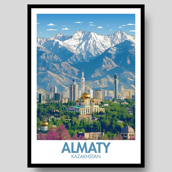 Almaty Kazakhstan Snowy Mountain City Skyline Retro Travel Poster