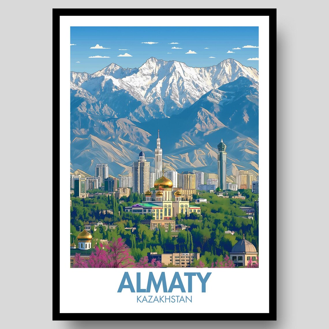 Almaty Kazakhstan Snowy Mountain City Skyline Retro Travel Poster