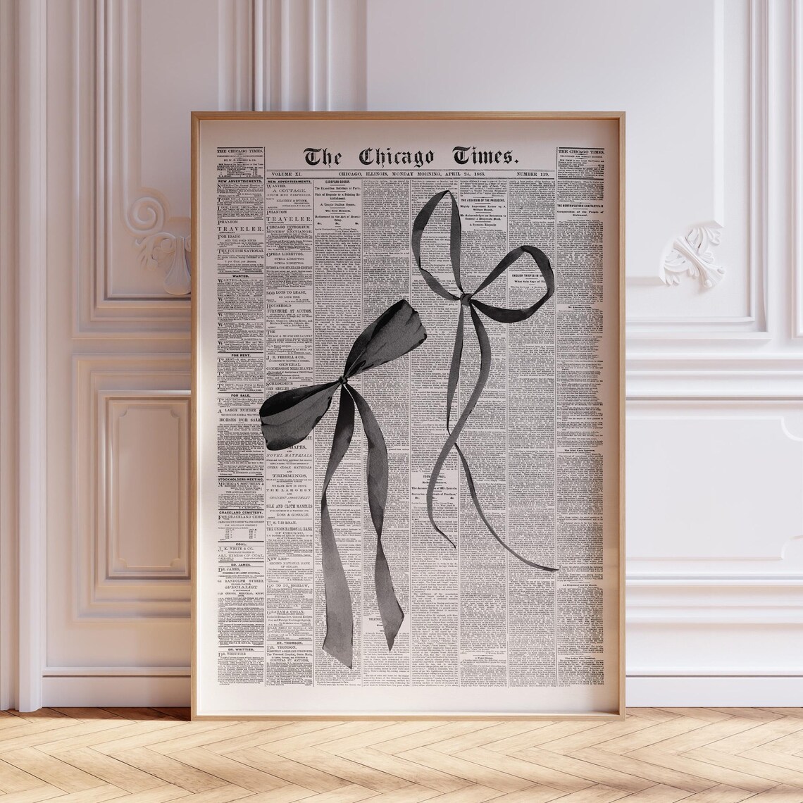 Chicago Times Newspaper Black Ribbon Bow Vintage Collage Art Poster