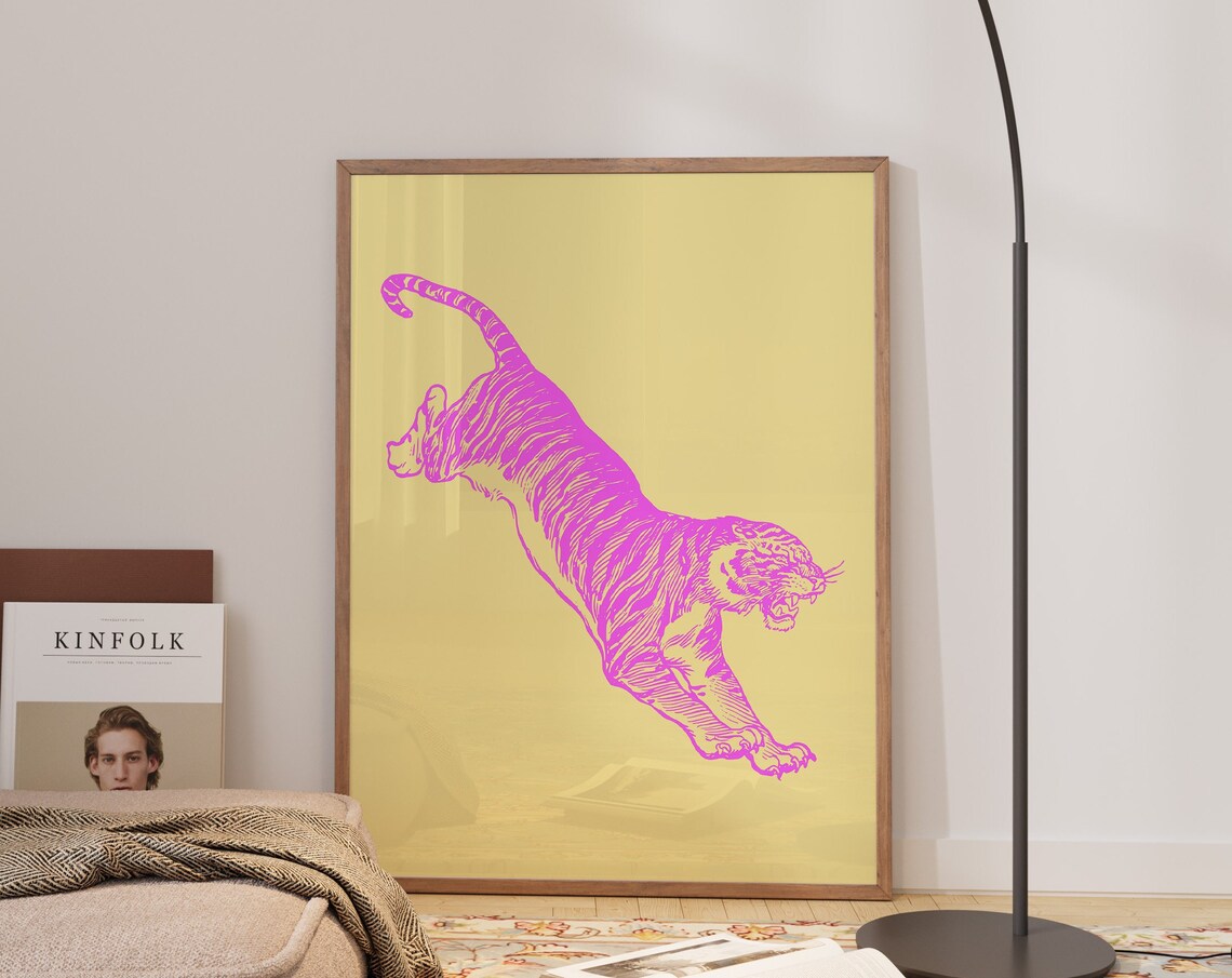 Pink Tiger Leaping Yellow Background Maximalist Retro Animal Line Art Poster