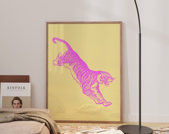 Pink Tiger Leaping Yellow Background Maximalist Retro Animal Line Art Poster