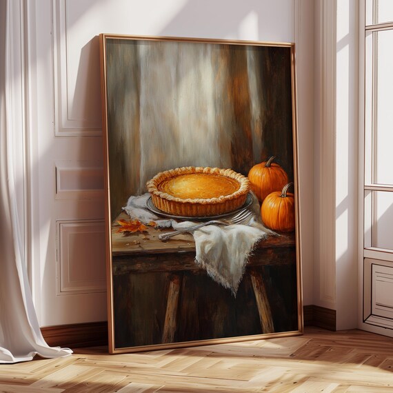 Rustic Pumpkin Pie Art Print, Autumn Kitchen Decor