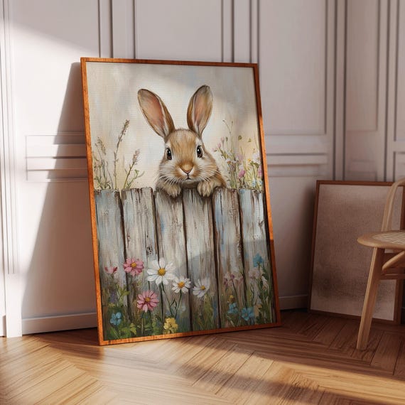 Cute Bunny and Wildflowers, Rustic Spring Rabbit Art Print