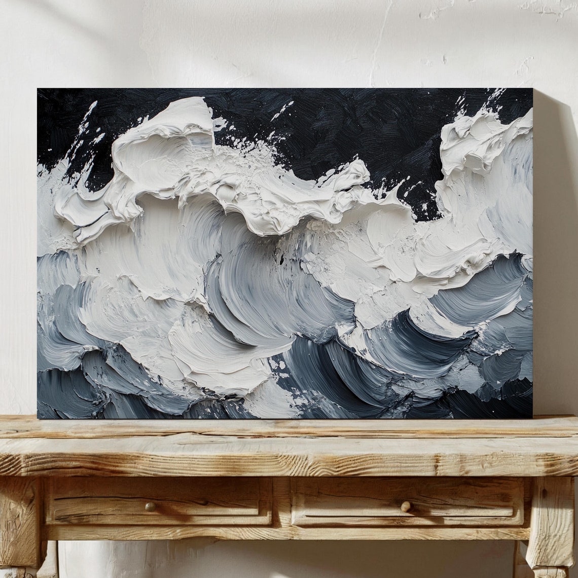 Monochrome Ocean Wave Abstract Swirls Black White Textured Wall Poster