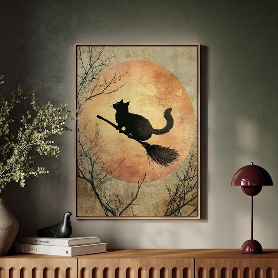 Black Cat Riding Broom Silhouette Vintage Halloween Full Moon Art Poster