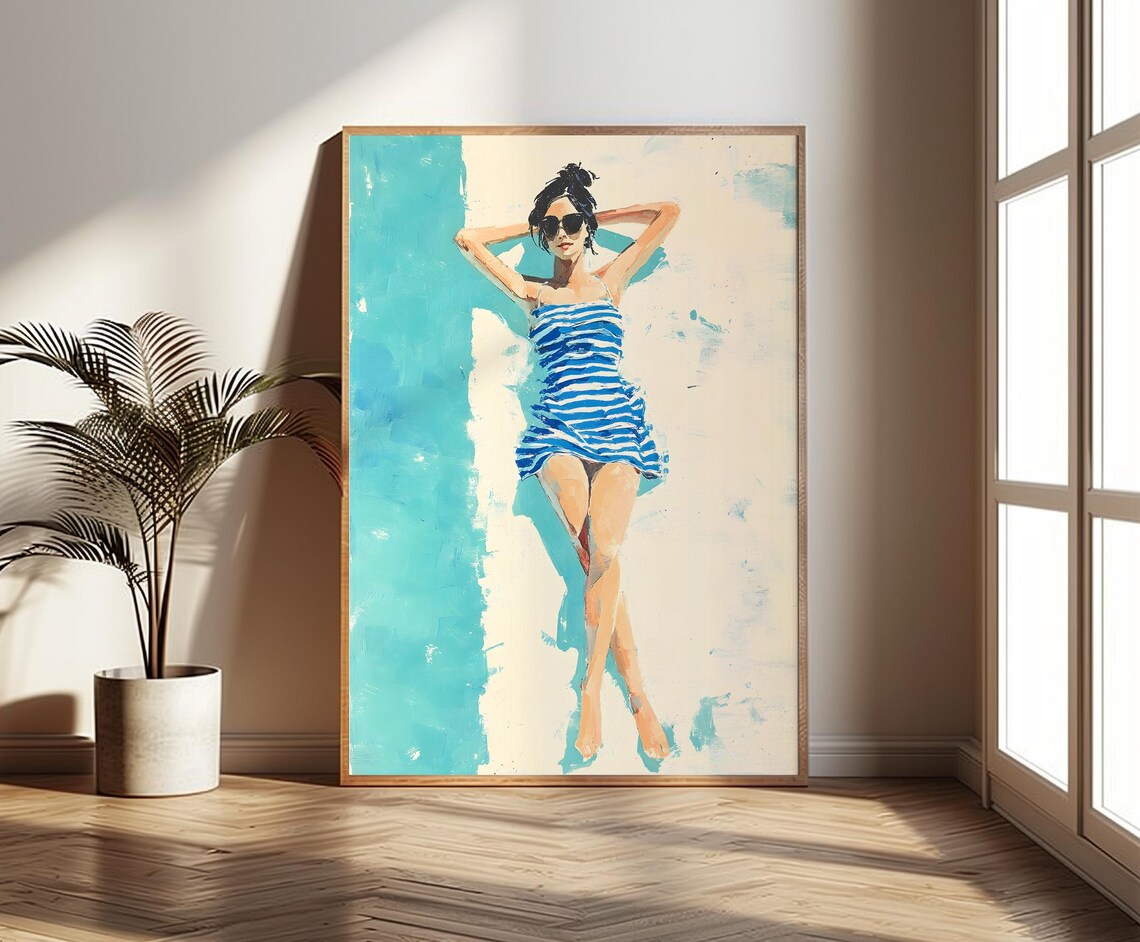 Sunbathing Woman Beach Art, Watercolor Minimalist - Image 3