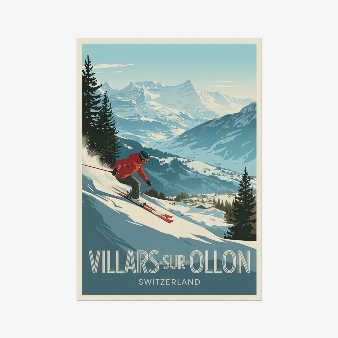 Villars-sur-Ollon Switzerland Vintage Ski Skier Alps Travel Poster
