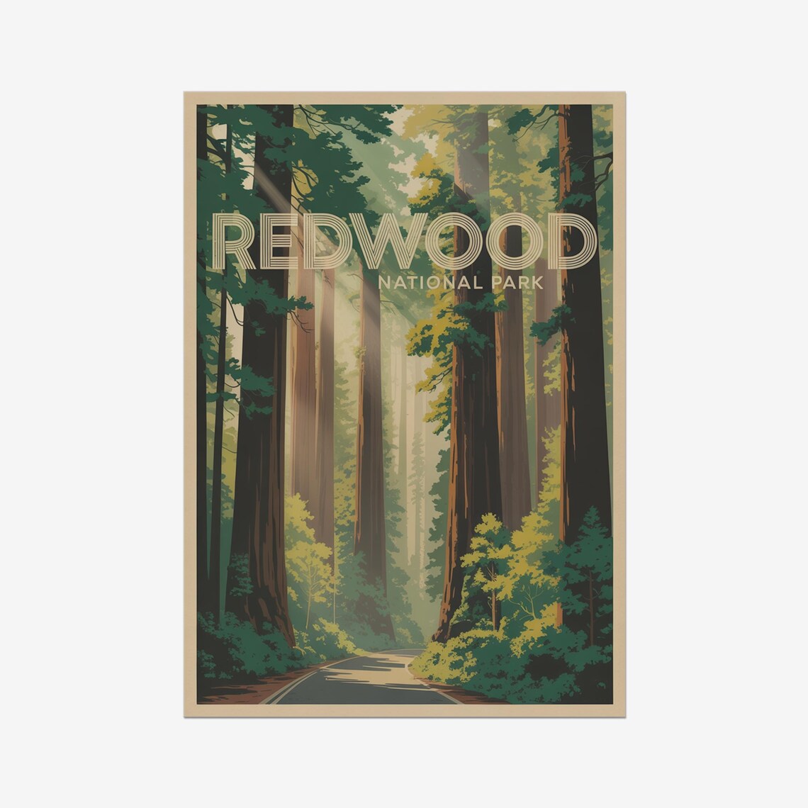 Redwood National Park Giant Forest Road Sunlight Vintage Poster