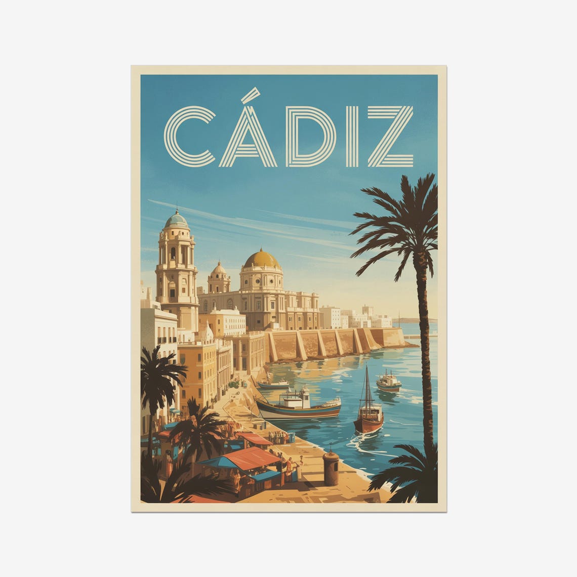 Cadiz Spain Vintage Travel Poster With Cathedral Harbor And Palm Trees