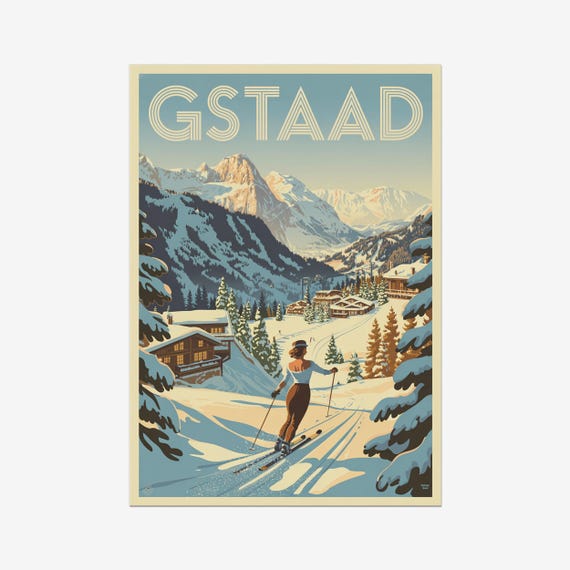 Gstaad Vintage Travel Poster Skiing Switzerland Wall Art Hd Prints