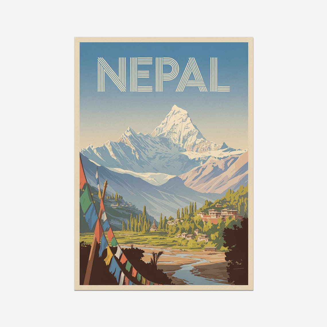 Nepal Vintage Travel Poster with Himalayan Peaks and Prayer Flags