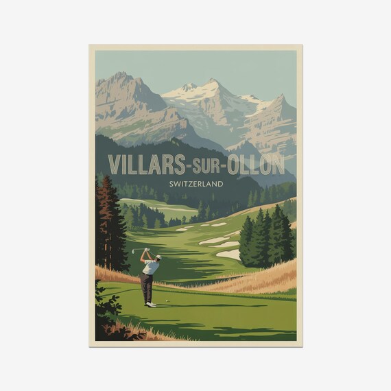 Villars sur Ollon Switzerland Vintage Golf Course Alpine Peaks Travel Poster
