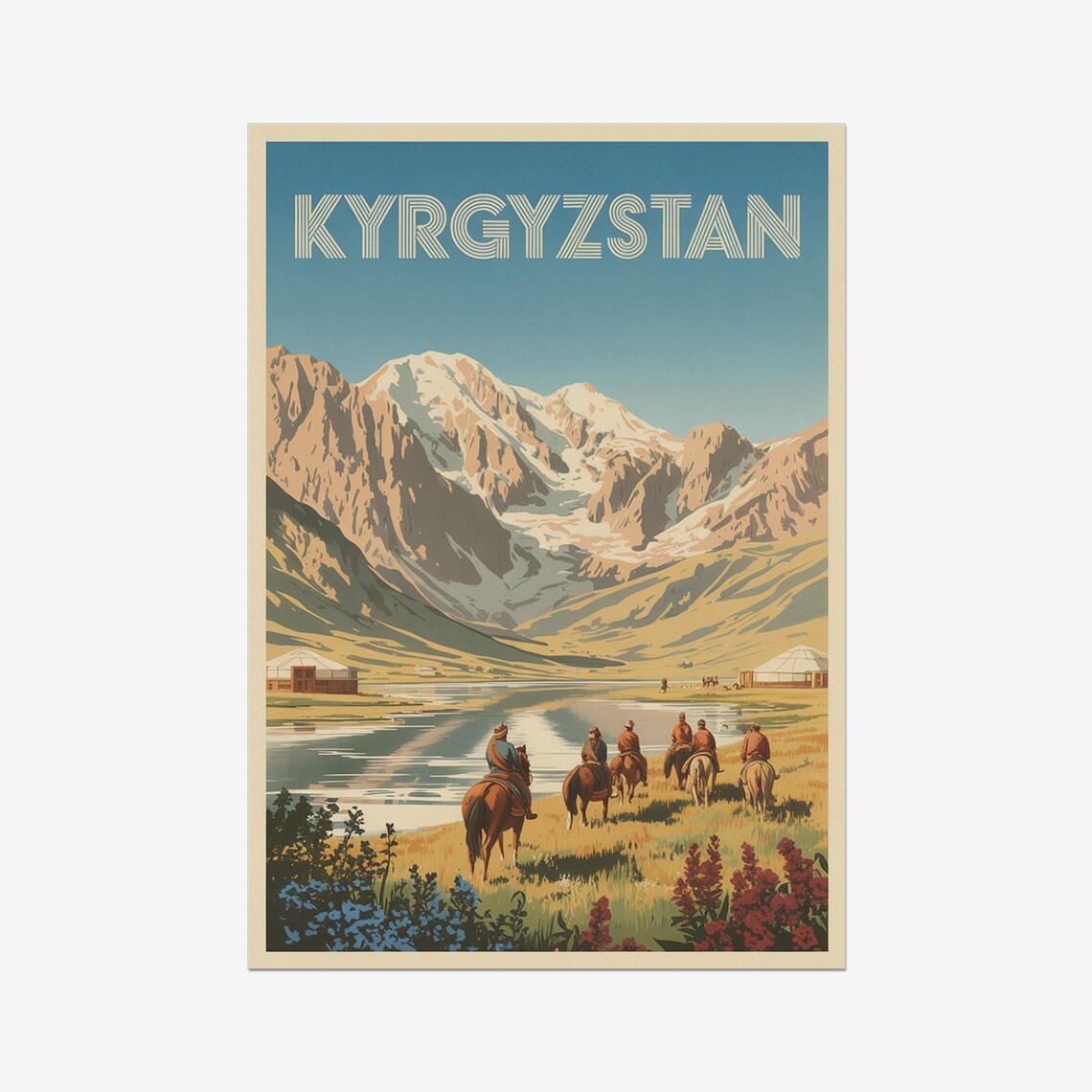 Kyrgyzstan Horsemen Yurts Mountain Lake Vintage Travel Poster